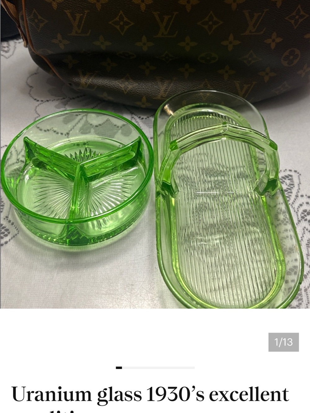 Uranium Glass Vanity Dish Set in Green - Vintage Style